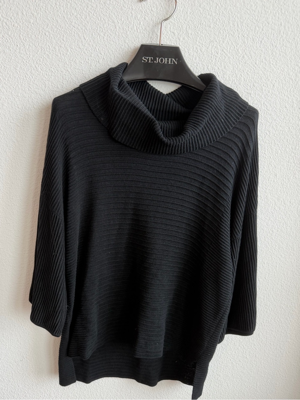 St.John Sweater Silk/Cashmere Black Ribbed Luxury Cowl Mockneck